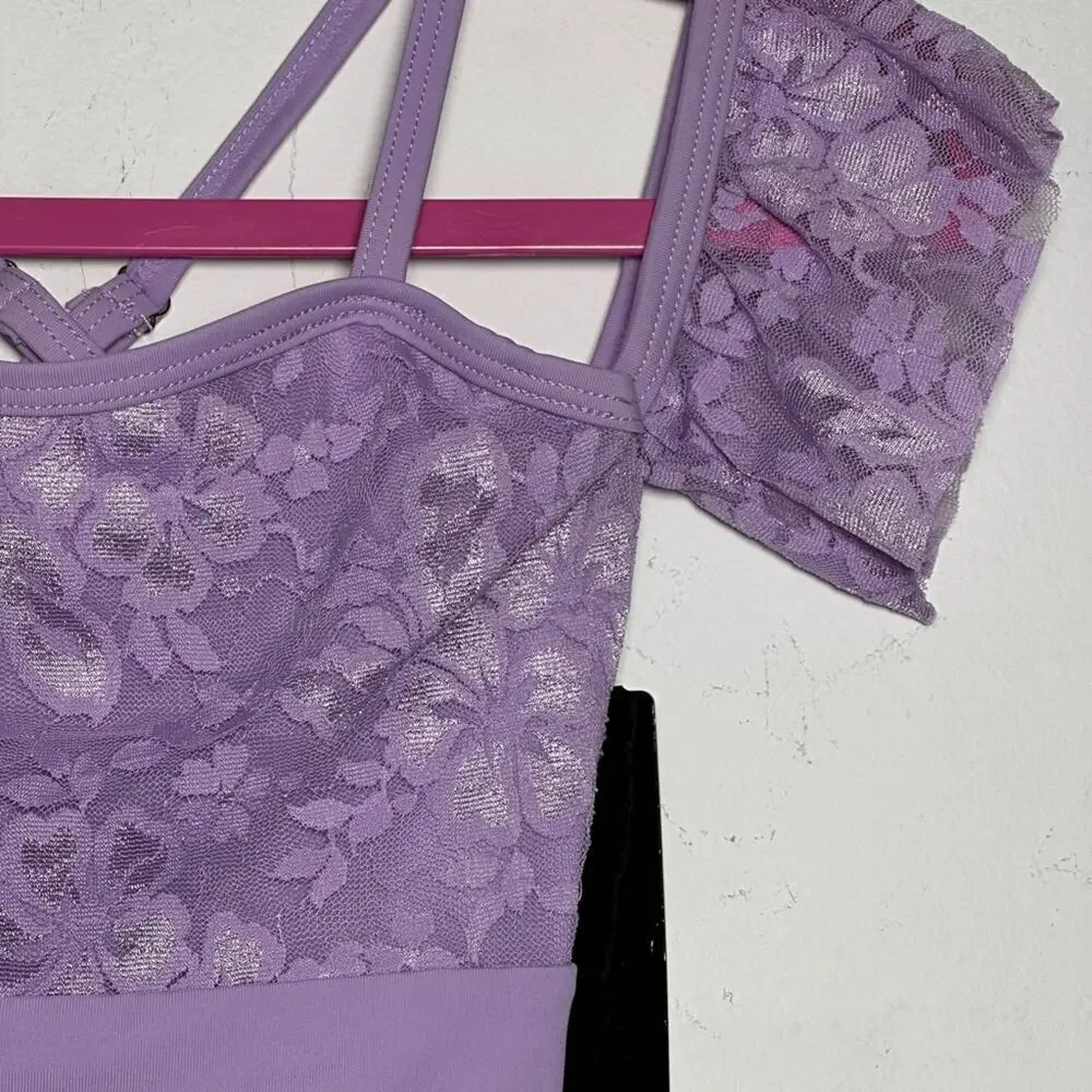 Theatricals Child Lavender Lace Off-Shoulder Dance Leotard Costume Dress CXS NWT